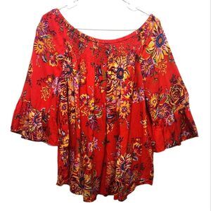 BeachLunchLounge Latoya Bell Sleeve Off Shoulder Red Floral Peasant Top Size L